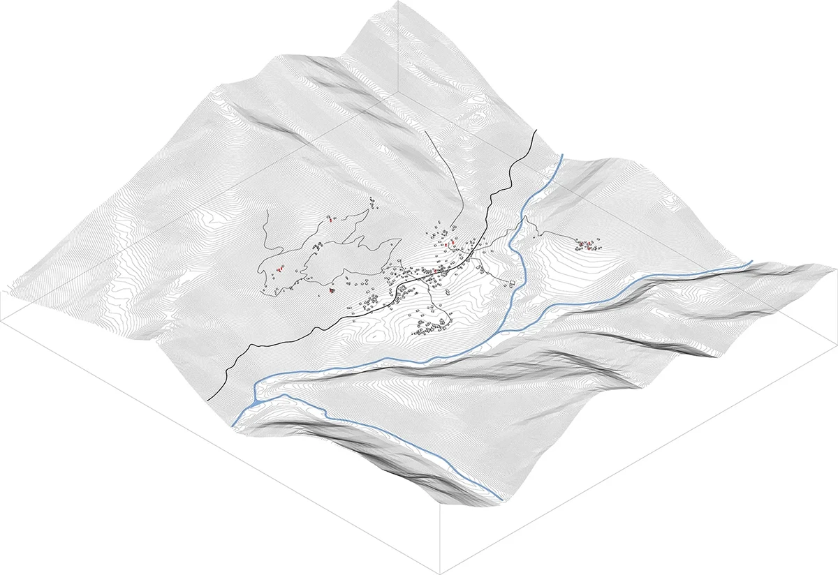 Latali is a village in Georgia, Svaneti, near the Patara Enguri and Mulkhra river joint. The drawing by Lado Kandashvili gives us general view about the arrangement of roads, rivers, houses, towers and hiking routes.